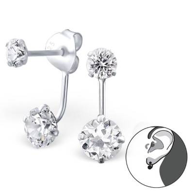 Hanging Round Sterling Silver Ear Studs with Cubic Zirconia