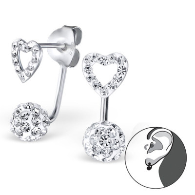 Heart and Hanging Crystal Ball Sterling Silver Ear Studs with Crystal