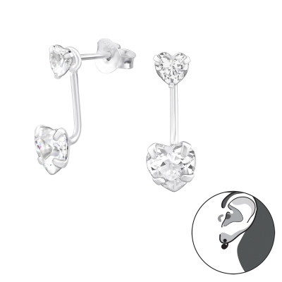 Double Heart Sterling Silver Ear Jacket and Double Earrings with Cubic Zirconia