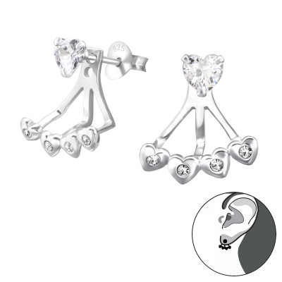 Silver Heart Ear Jacket with Cubic Zirconia and Crystal