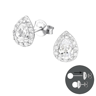 Silver Pear Interchangeable Ear Studs with Cubic Zirconia