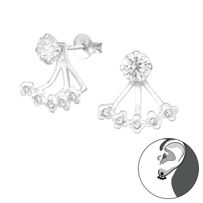 Silver Flower Ear Jacket with Cubic Zirconia and Crystal