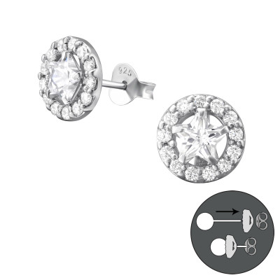 Silver Round Interchangeable Ear Studs with Cubic Zirconia