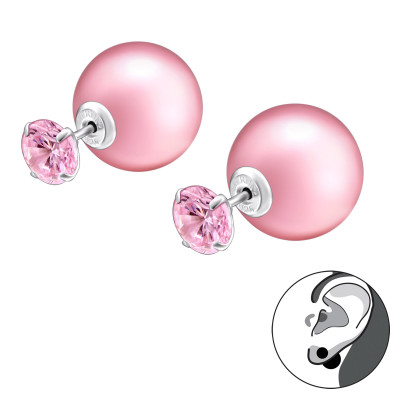 Silver Round Double Earrings with Cubic Zirconia and Synthtic Pearl