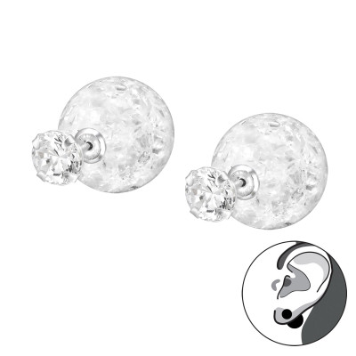 Silver Round Double Earrings with Cracked Ball and Cubic Zirconia