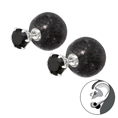 Silver Round Double Earrings with Cracked Ball and Cubic Zirconia