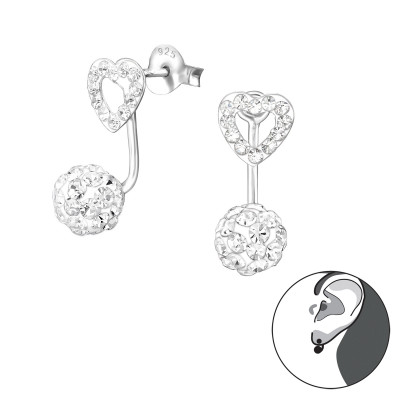 Heart Sterling Silver Ear Jacket and Double Earrings with Crystal