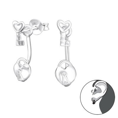 Key and Padlock Sterling Silver Ear Jacket and Double Earrings