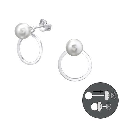 Silver Round Ear Jackets with Synthetic Pearl