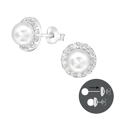 Silver Round Interchangeable Ear Studs with Cubic Zirconia and Synthetic Pearl