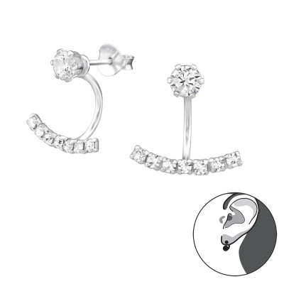 Curved Bar Sterling Silver Ear Jacket and Double Earrings with Cubic Zirconia and Crystal