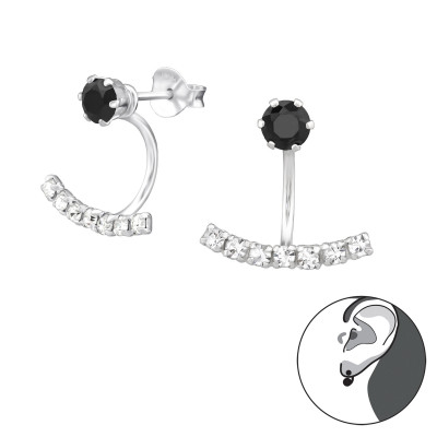 Curved Bar Sterling Silver Ear Jacket and Double Earrings with Cubic Zirconia and Crystal