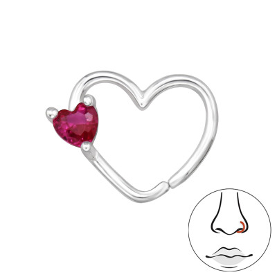 Heart Sterling Silver Nose Hoop with Cubic Zirconia