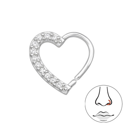 Heart Sterling Silver Nose Hoop with Cubic Zirconia