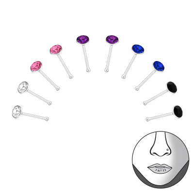 Set of 10 2.5mm Silver Mixed Crystal Nose Studs with Ball