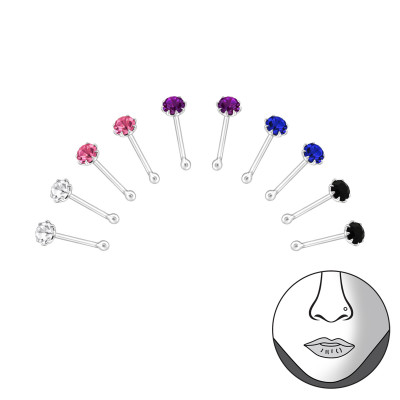 Set of 10 2mm Silver Mixed Crystal Nose Studs with Ball