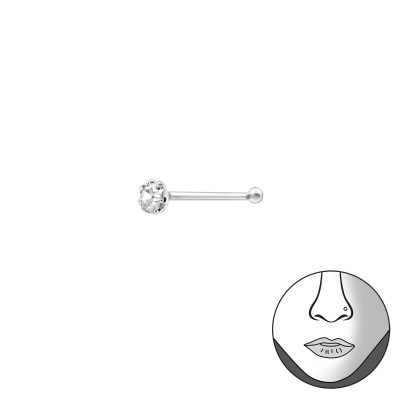 2mm Round Nose Studs with Ball Sterling Silver Nose Studs and Clip with Crystal