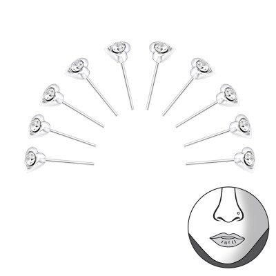 Set of 10 Silver Heart Bend to fit Nose Studs with Crystal