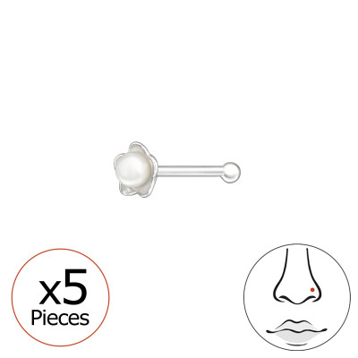 Flower Sterling Silver Nose Stud, Tragus, Helix, Upper Ear with Plastic Pearl (x5)