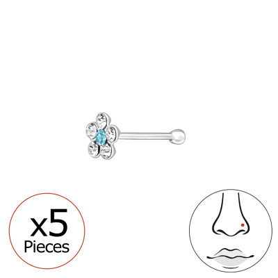 Flower Sterling Silver Nose Stud, Tragus, Helix, Upper Ear with Crystal (x5)