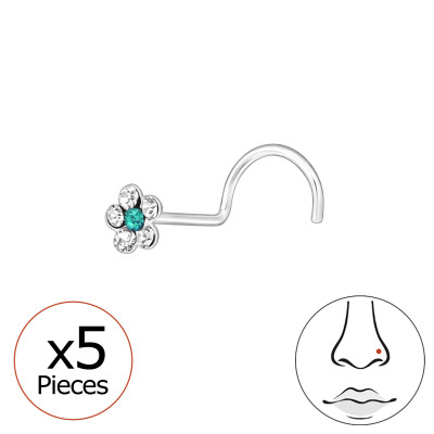 Flower Sterling Silver Nose Stud, Screw, Twist with Crystal (x5)