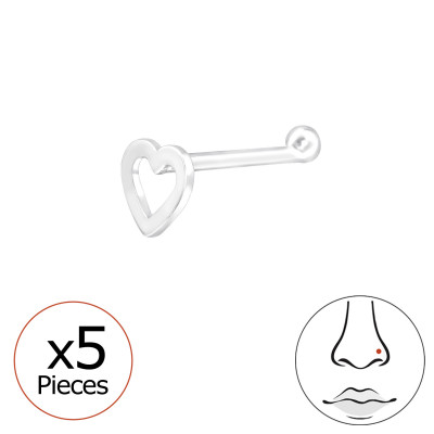 Heart Sterling Silver Nose Stud, Tragus, Helix, Upper Ear (x5)