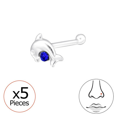 Dolphin Sterling Silver Nose Stud, Tragus, Helix, Upper Ear with Crystal (x5)