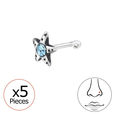 Starfish Sterling Silver Nose Stud, Tragus, Helix, Upper Ear with Crystal (x5)