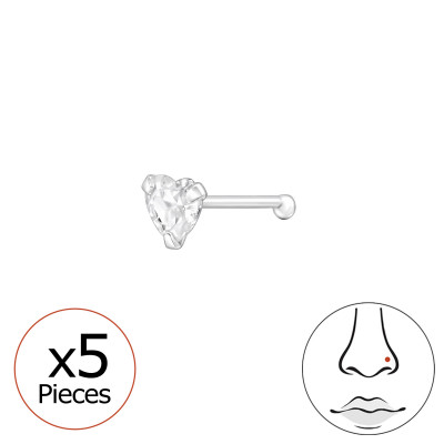 Heart Sterling Silver Nose Stud, Tragus, Helix, Upper Ear with Cubic Zirconia (x5)