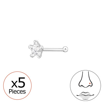 Star Sterling Silver Nose Stud, Tragus, Helix, Upper Ear with Cubic Zirconia (x5)