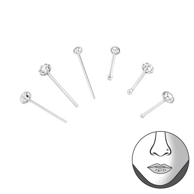 Set Of 6 Mixed Silver White Crystal  Nose Studs Sterling Silver Nose Studs and Clip with Crystal