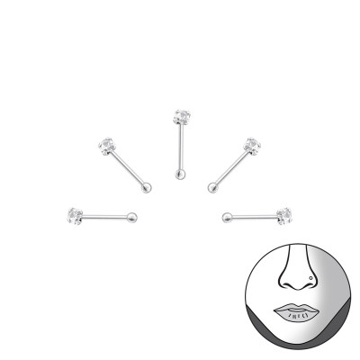 Set Of 5 2mm Round Nose Studs with Ball Sterling Silver Nose Studs and Clip with Crystal