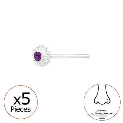 Silver Flower Nose Stud Set with Crystal