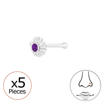 Silver Flower Nose Stud Set with Ball and Crystal