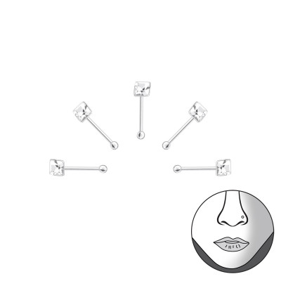 Set Of 5 2mm Square Nose Studs with Ball Sterling Silver Nose Studs and Clip with Crystal