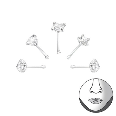 Mixed Sterling Silver Nose Studs and Clip with Cubic Zirconia