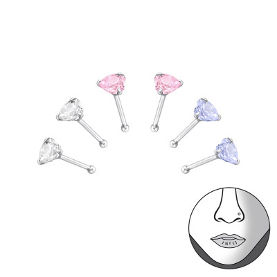 Set of 6 Silver Heart Nose Studs with Ball and Cubic Zirconia