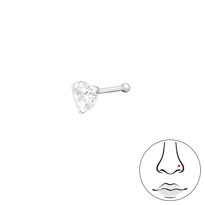 Silver Heart Nose Studs with Ball and Cubic Zirconia