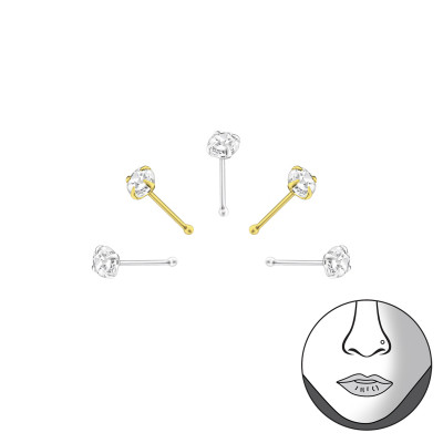 Round Sterling Silver Nose Studs and Clip with Cubic Zirconia