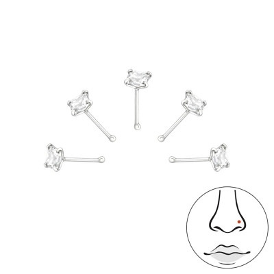 Set of 5 Silver Square Nose Studs with ball and Cubic Zirconia