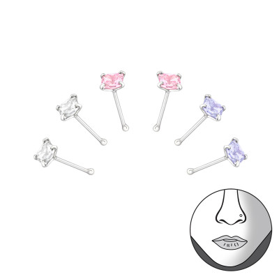 Set of 6 Silver Square Nose Studs with Ball and Cubic Zirconia