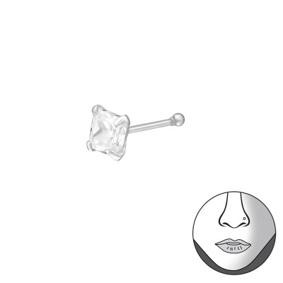 3mm Square Nose Studs with Ball Sterling Silver Nose Studs and Clip with Cubic Zirconia