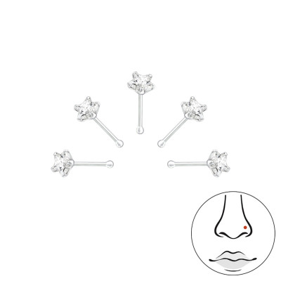 Set of 5 Silver Nose Studs with Ball Star and Cubic Zirconia