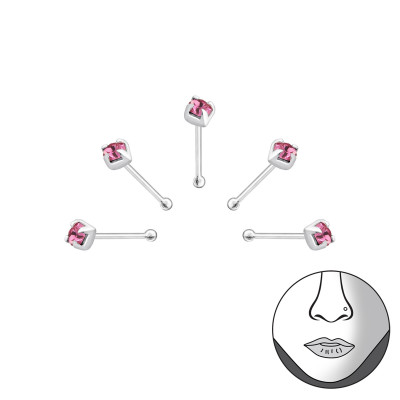 Set Of 5 2mm Square Nose Studs with Ball Sterling Silver Nose Studs and Clip with Crystal