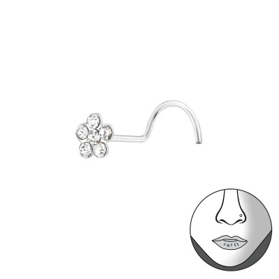 Flower Nose Screw Sterling Silver Nose Studs and Clip with Crystal