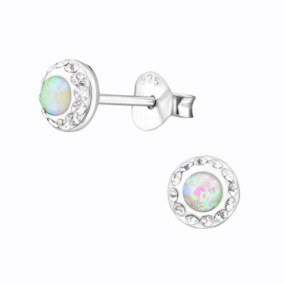 Silver Round Ear Studs with Crystal and Opal