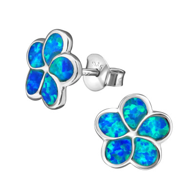 Silver Flower Ear Studs with Synthetic Opal