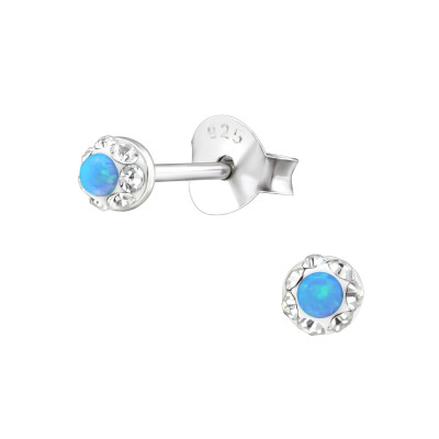 Round Sterling Silver Ear Studs with Crystal and Opal