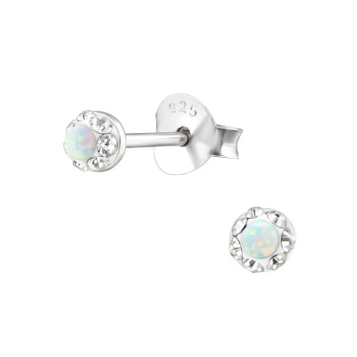 Round Sterling Silver Ear Studs with Crystal and Opal