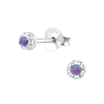 Silver Round Ear Studs with Crystal and Opal